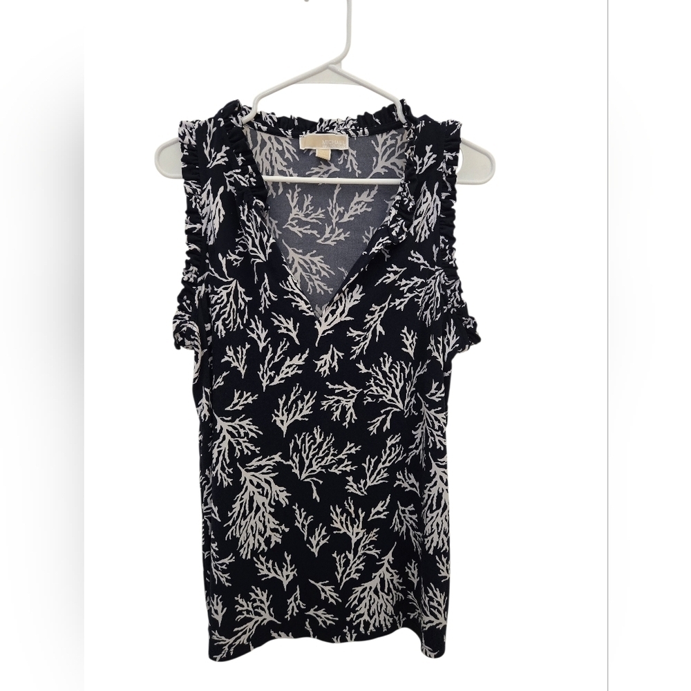 Michael Kors Blue Floral Sleeveless Blouse • Size Large • V-Neck